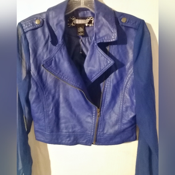 Daytrip Jackets & Blazers - Cropped MOTO Style Jacket w Sheer Sleeves sz. M Blue‎ Faux Leather